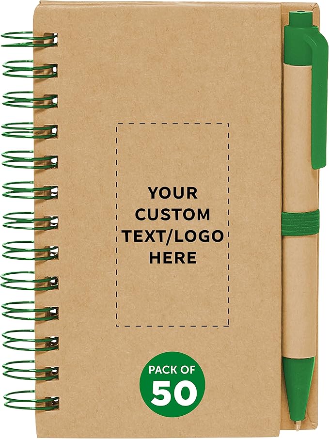 Custom Mini Spiral Notebooks with Black Ink Pens Set of 50, Personalized Bulk Pack - Perfect for School, Office, Business, Home - Green