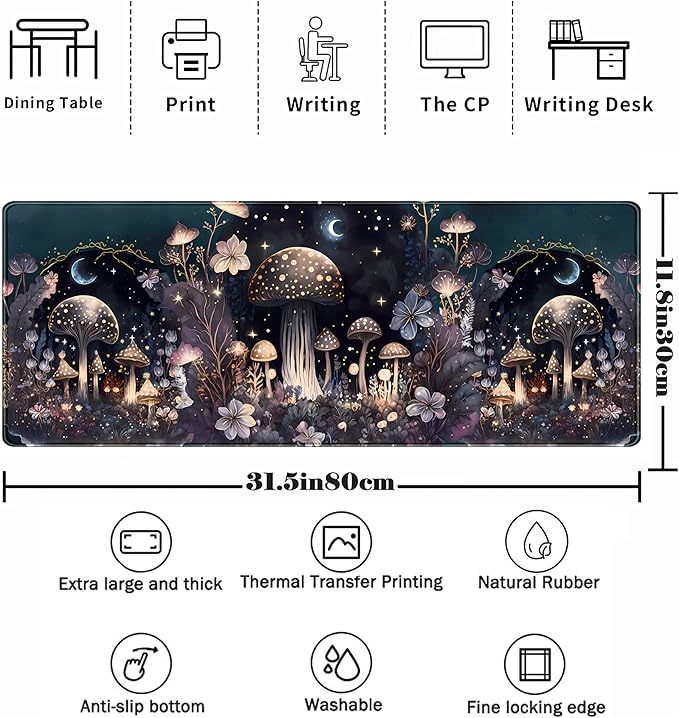 Cute Dark Mushroom Moon Night Mouse Pad XL Extended Gaming Mat with Stitched Edges, Computer Laptop Keyboard and Mouse Mat for Women Office Desk Decor, 31.5x11.8 in