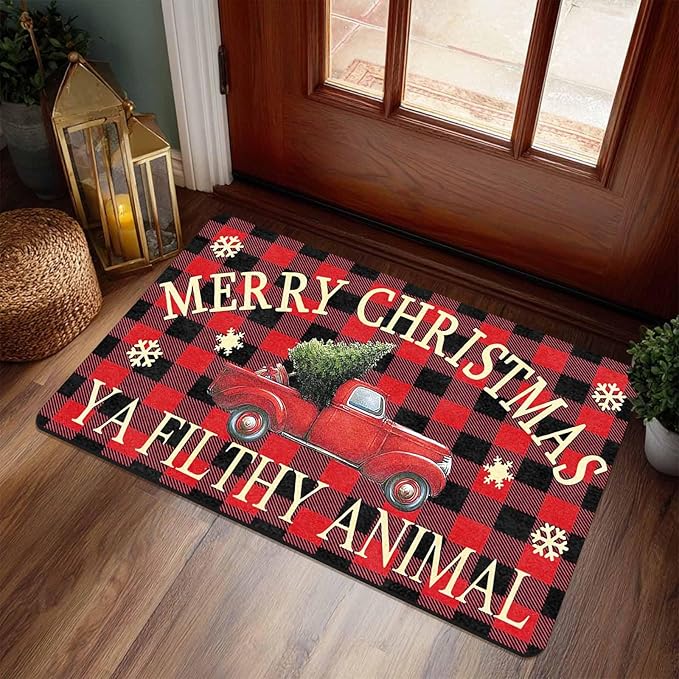 InterestPrint Merry Christmas Buffalo Plaid Truck Doormat, Red Plaid Door Mats with Non-Slip Backing Welcome Matt Outdoor Non Slip Rubber Entry Doormat Entrance Mat, 18" x 30"Inch