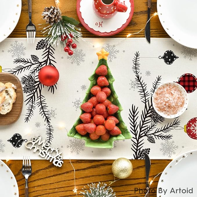 Artoid Mode Red Pine Trees Merry Christmas Table Runner, Winter Xmas Holiday Kitchen Dining Table Decoration for Home Party Decor 13x36 Inch