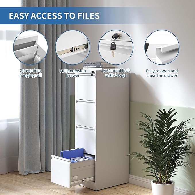 4 Drawer File Cabinet with Lock,Metal Vertical Filing Cabinets for Home Office,Heavy Duty File Storage Cabinet for Letter/Legal/A4/F4 Size File,Assembly Require (White, Vertical 4 Drawer)