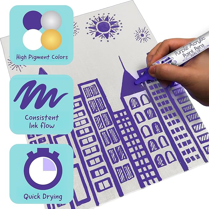 4 Dual Tip Purple Paint Pen Metallic - Fine Tip & Medium Acrylic Paint Markers - Purple Acrylic Markers for Metal, Wood, Rock Painting, Canvas, Ceramic, Glass, Fabric, Plastic - Water based Ink
