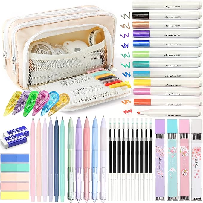 42 PCS Aesthetic School Supplies with Large Pencil Case, 12 Marker Pens with box, 5 Black Ink Gel Pens, 6 Mechanical Pencils Set, Sticky Notes, Complete Essentials Stationery Kit for Students