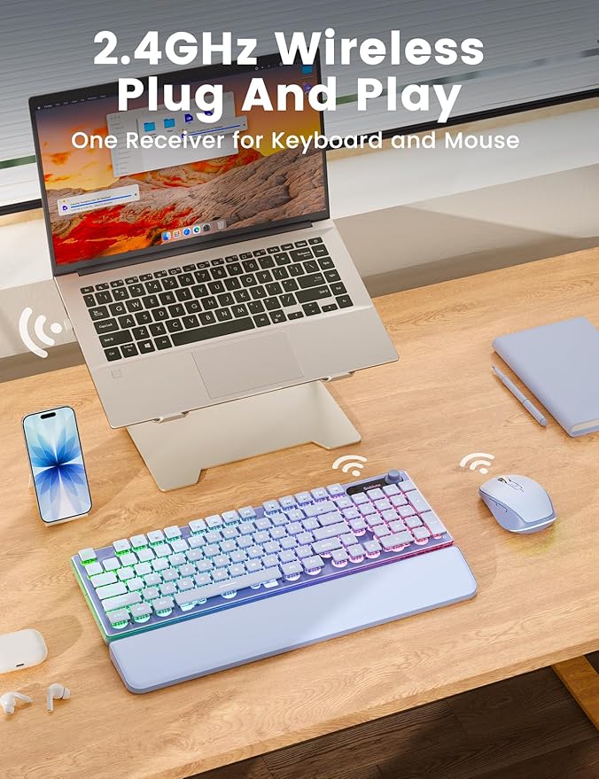 Wireless Keyboard and Mouse Combo - 9 Backlit Effects, Wrist Rest, Double-Shot Keycaps, Metal Panel, Long-Lasting Rechargeable, 2.4G Keyboard Mouse Set for Windows Mac PC Laptop – Sablute (Purple)
