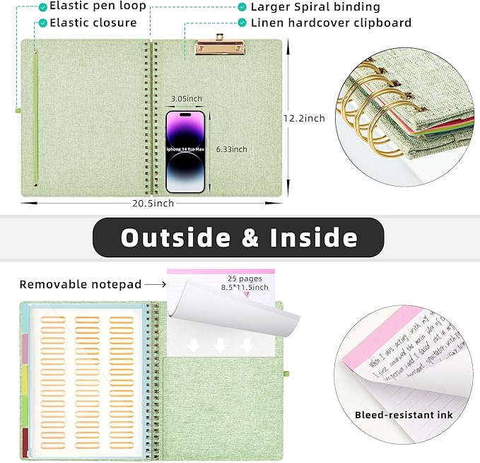 Ospelelf Green Foldable Spiral Clipboard Folio with Storage Zipper Pouch, 5 Plastic Folders with 10 Pockets, Refillable Lined Notepad (11" x 8.5"), Linen Hardcover Project Organizer