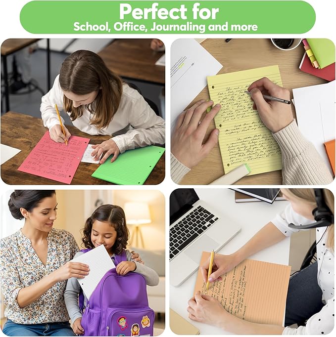 Colored Notebook Paper – 8.5 x 11, 150 Sheets – Thick 80 gsm College Ruled Colorful Loose Leaf Filler Paper – 3-Hole Punched Binder Papers for School, Office, and Journaling (Bright)