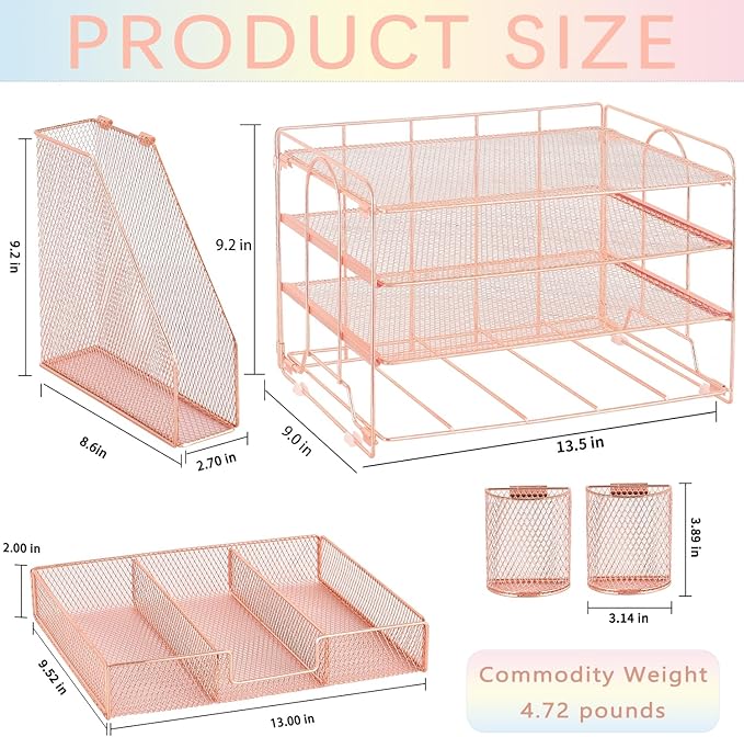Desk Organizer and Accessories, 4-Tier Desktop File Organizer with Drawer and 2 Pen Holders, Office Desk Accessories for Office Supplies(Rose Gold)
