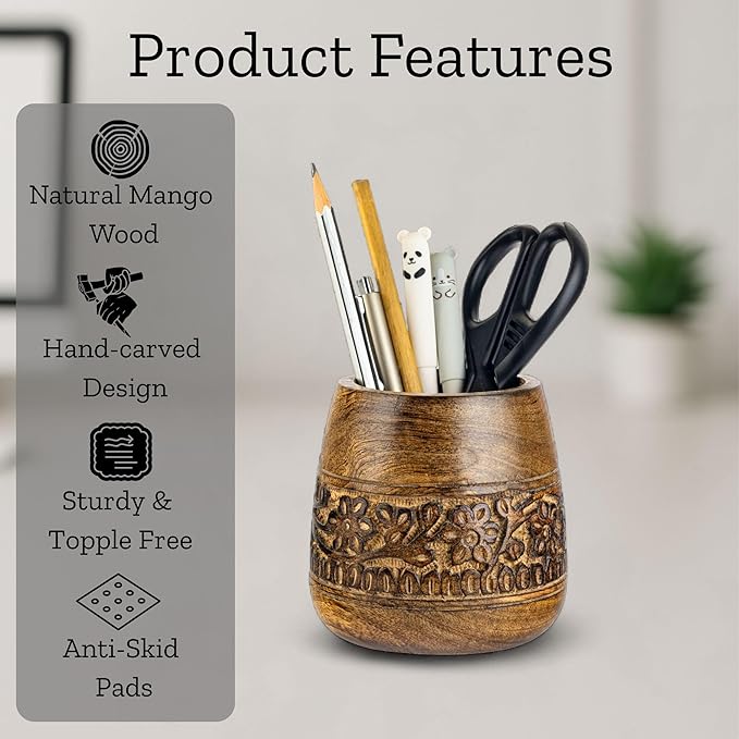 Mie Creations Designer Pencil Holder for Desk Wood | Wooden Pen Stand, Paintbrush Cup, Desk Accessories, Cute Make Up Brush Organizers | Office Desktop Stationery, Christmas Holidays Gift- 4'' Brown