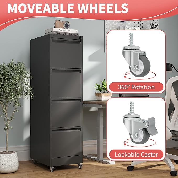 4 Drawer Locking File Cabinet with Wheels,Black Metal Mobile Filing Cabinets,Vertical File Cabinet for Home Office,Rolling Storage Cabinet for A4/Letter/Legal Size File,Assembly Required