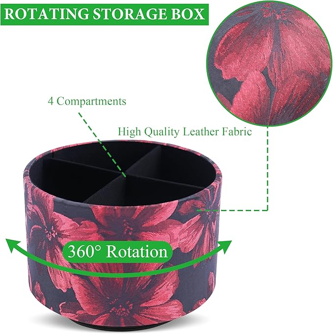 QIELIZI Round Leather Art Supply Organizer,Remote Control Holder,360 Degree Rotating,Multi-Functional Pencil Holder,4 Compartments Desktop Stationary Organizer(1-Dahlia Red)