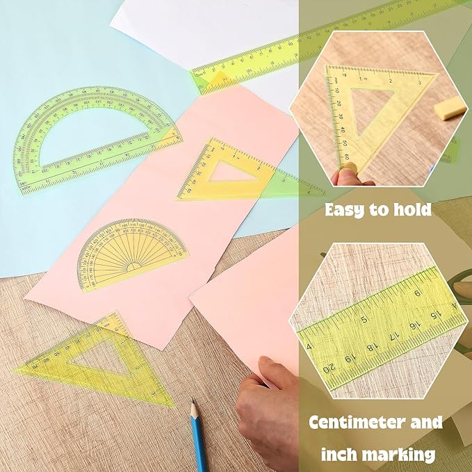 Zonon 1 Set Plastic Geometry Math Set Includes Drawing Compass, 6 Inch 4 Inch Protractor, 45/60 Degree Triangle Rulers 12 Inch 6 Inch Math Ruler Transparent for Office Supplies(Yellow)