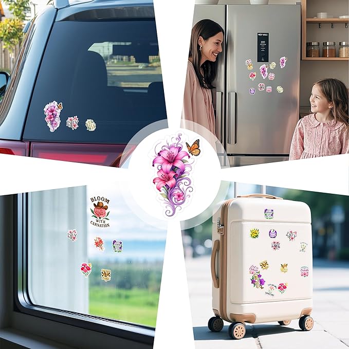 109 PCS Orchid Lily Carnation Stickers Pack, Floral Vinyl Waterproof Decals of Elegant Orchids Pure Lilies Colorful Carnations, Gift for Kids Teens Adults Scrapbook Wall Water Bottle Car