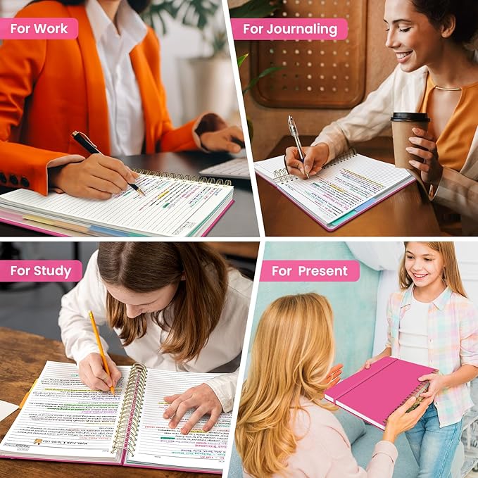 Hardcover Spiral Journal Notebooks for Work With Removable Dividers & Tabs, 8.5"x11" 5 Subject Notebook for Note Taking & Organizer, A4 College Ruled Lined Journal for Women & Writing, Berry Pink, 280 Pages