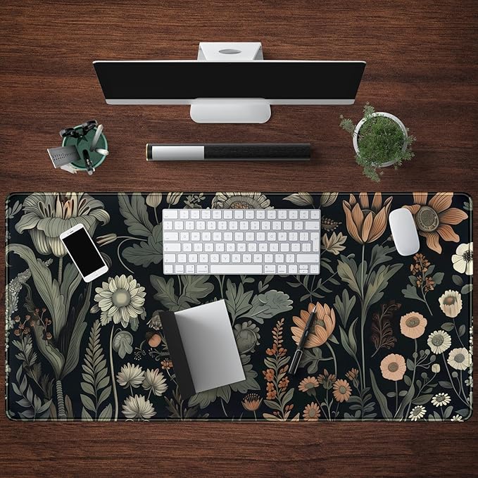 Aesthetic Vintage Dark Flower Plants Wildflowers Large Gaming Mousepad XXL Keyboard Mouse Mat Full Desktop Mat Women Desk Cover Mat for Work Office Home 31.5x15.8 in