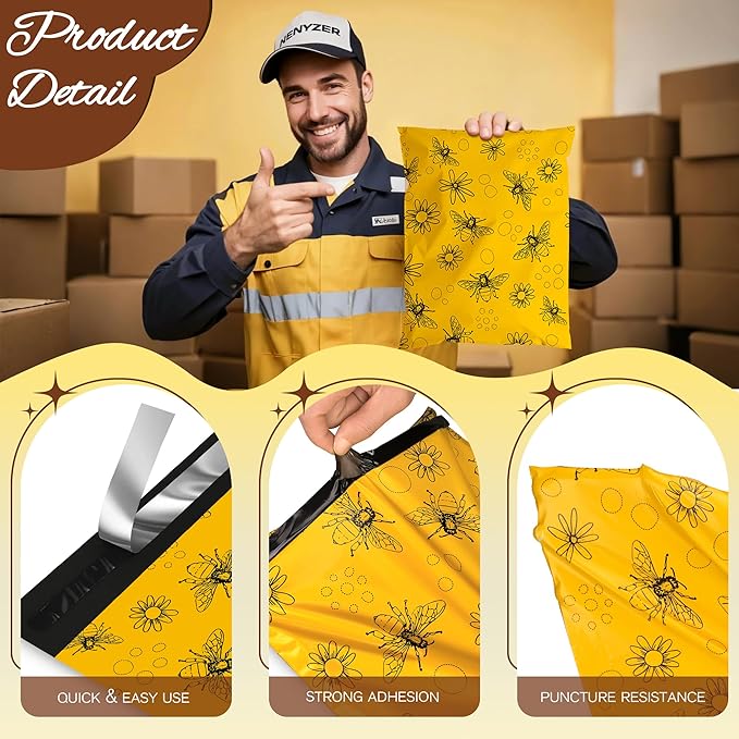 Bees Poly Mailer 6x9 Inch 100 Pcs, Waterproof Shipping Bags for Clothing, Tear-Resistant Mailier Bags, Strong Mailing Bags with Self-Seal