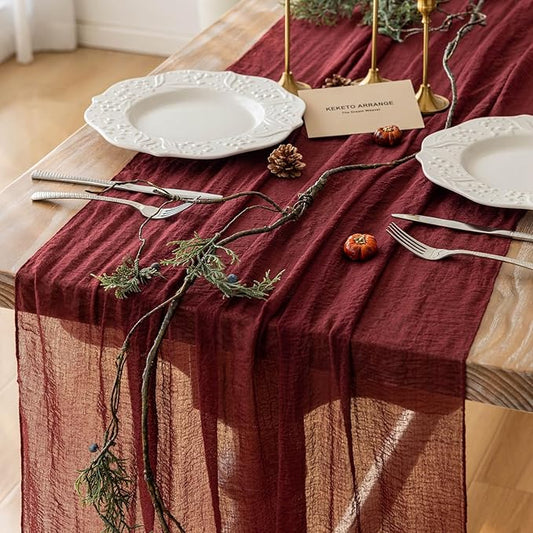 Burgundy Christmas Table Runner Decor Red Cheesecloth Gauze 120 Inch 10 FT Rustic Boho Cheese Cloth Runner for Wedding Baby Bridal Shower Party Long Sheer Home Christmas Decorations