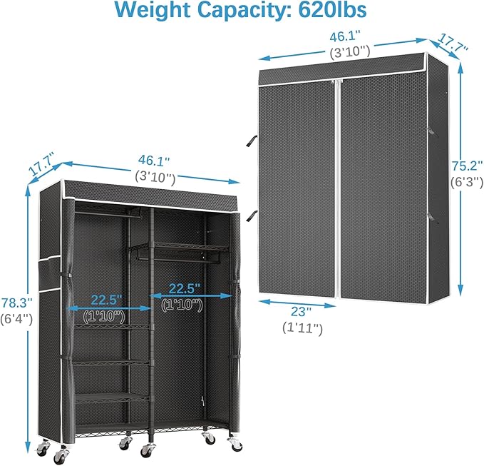 VIPEK R4C Portable Closet Rolling Clothes Rack Heavy Duty Adjustable Wardrobe Metal Garment Racks with Lockable Wheels Black Clothing Rack with Black Upgraded Polyester Cover, Max Load 620lbs