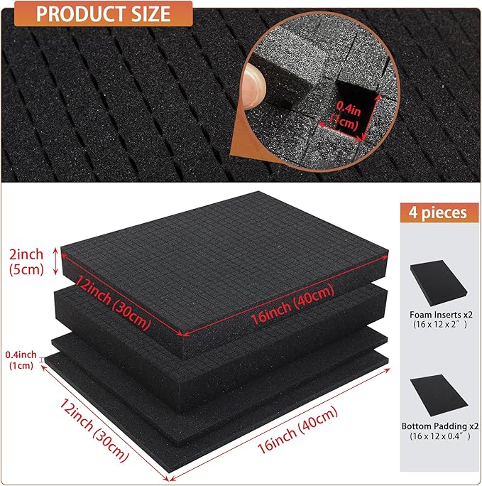 Pre-Cubed Pick & Pluck Foam Sheets - 2-Pack (16"x12"x2") with 0.4" Bottom Padding, Polyurethane Apart Insert Pads Liners for Toolboxes, Storage Drawer and Crafts