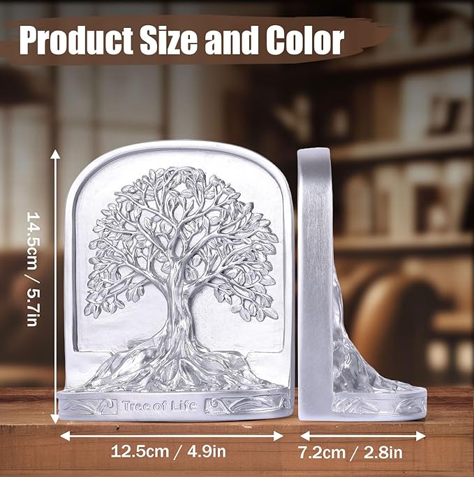 Silver Tree of Life Bookends Set, 2 Decorative Bookends for Shelves or Bookcase, Non-Skid Heavy Bookends for Desktop Shelf Decor, Library Office Decor, Home Décor Gift