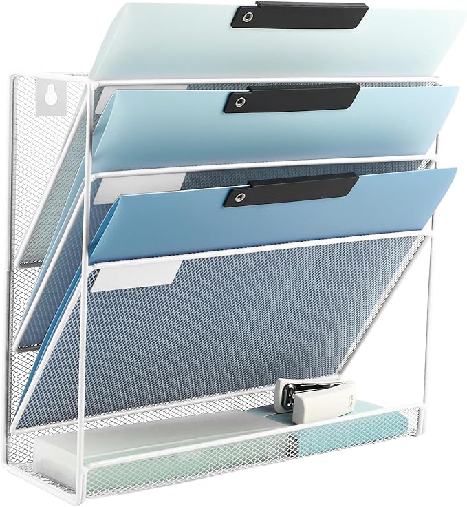 EASEPRES Desk File Organizer Mesh 4-Tier, Hanging Wall Mount Document Organization Stand, Desktop Vertical Mail Paper Folder Holder Rack with Bottom Tray for Office Home Cubicle Countertop, White