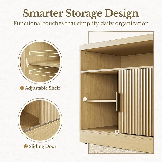 Fluted File Cabinet with Door, 32'' Lateral File Cabinet with Open Adjustable Shelves, Wood Filing Cabinet with Sliding Door for Home Office, Light Walnut