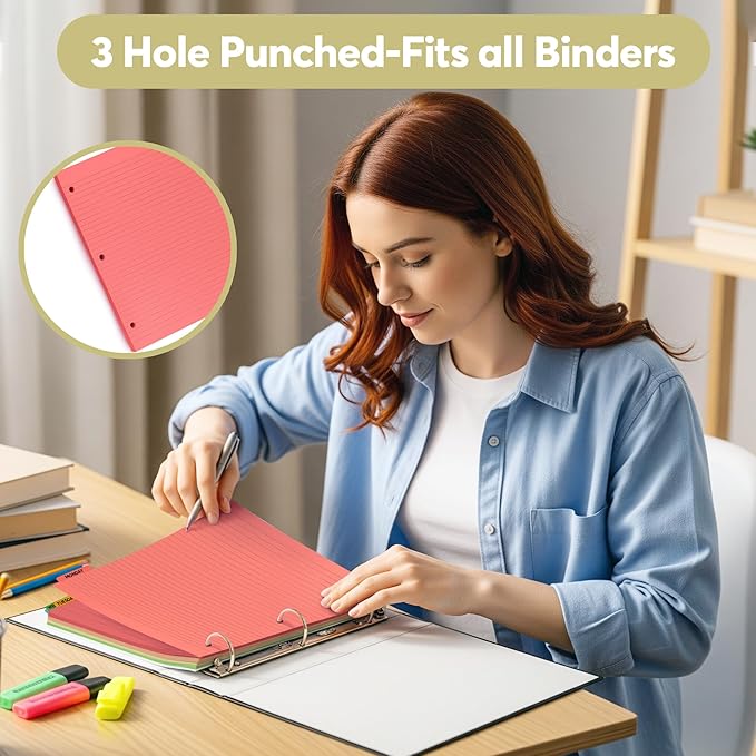 Colored Notebook Paper – 8.5 x 11, 150 Sheets – Thick 80 gsm College Ruled Colorful Loose Leaf Filler Paper – 3-Hole Punched Binder Papers for School, Office, and Journaling (Bright)