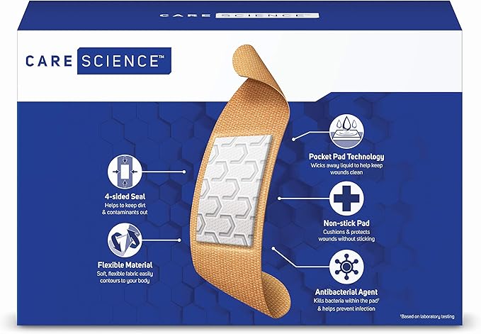 Care Science Fabric Adhesive Bandages, 200 ct Bulk Assorted Sizes | Flexible + Breathable Protection for First Aid and Wound Care