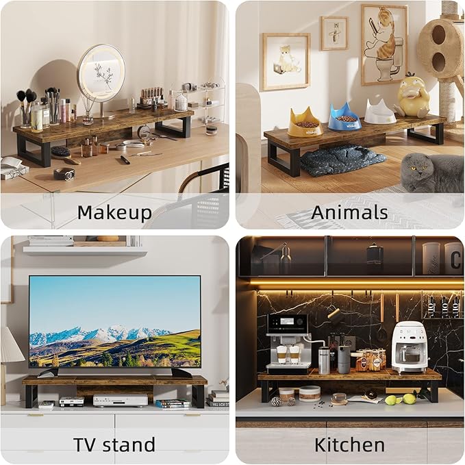 WESTREE Dual Monitor Stand Riser, Wood and Steel Monitor Stand Riser, Computer Monitor Stand for 2 Monitors, Multi-Purpose Desktop Storage Stand for Computer,Laptop,Printer,TV