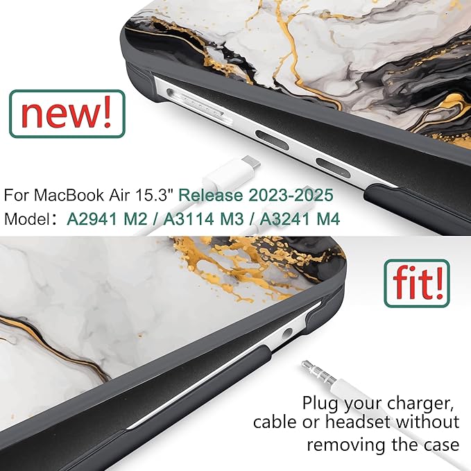 DONGKE Compatible with M4 MacBook Air 15 inch Case 2025 2024 2023 A3241 A3114 A2941 M3 M2 Liquid Retina Display Touch ID, Plastic Hard Case & Keyboard Skin & Screen Protector - Golden Marble