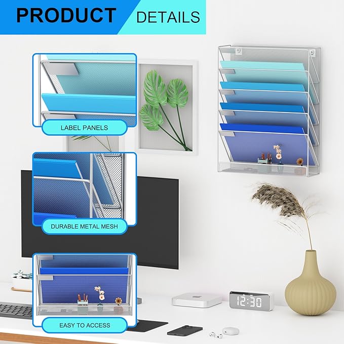 Wall File Organizer Holder Mesh Hanging Paper Document Holder, Vertical 6 Pocket Tier for Office Home, Silver