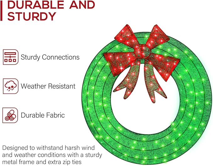 Hykolity 48 in. 3D Lighted Outdoor Christmas Wreath with 140 LED Lights & Red Bow, Christmas Holiday Yard Decoration for Garden, Porch - Green