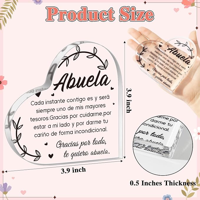 Yopyame Spanish Grandma Acrylic Gifts - Regalos para Abuela Heart Acrylic Plaque Ideas Keepsake Paperweights for Grandma in Spanish Father's Day Christmas Gifts for Grandma from Granddaughter Grandson