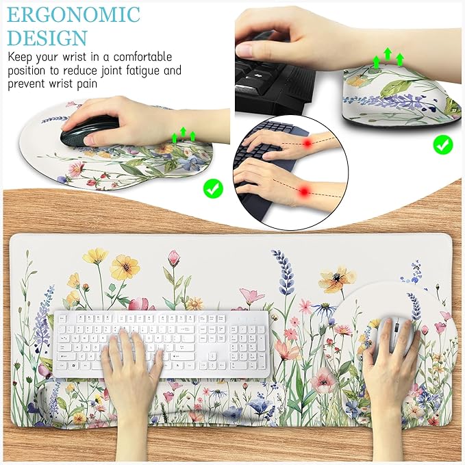 Flower Mouse Pad Set Large Desk Matt for Desktop, Ergonomic Mouse Pad with Wrist Rest, Gaming Wrist Support Keyboard Mat Cup Coaster Set Cute Office Desk Decor Accessories