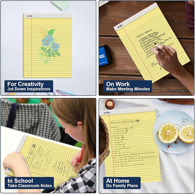 ViVin Legal Pads 8.5 x 11 Inch, Wide Ruled Note Pads, 6 Pack, 50 Sheet/Pad, Notepads for Office Home School, 300 Sheets, Perforated Writing Pads, Canary Yellow Paper