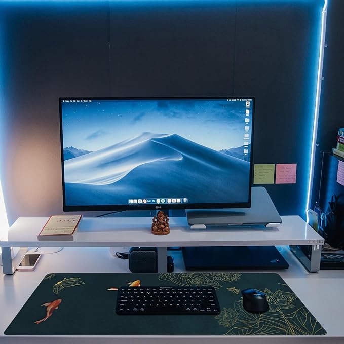 Large Gaming Mouse Pad, Koi Fish Ink Painting Desk Mat, Golden Line Lotus Desk Pad, Extended Big Computer Keyboard Mouse Pad with Non-Slip Base and Stitched Edge, 35.4"x15.7"