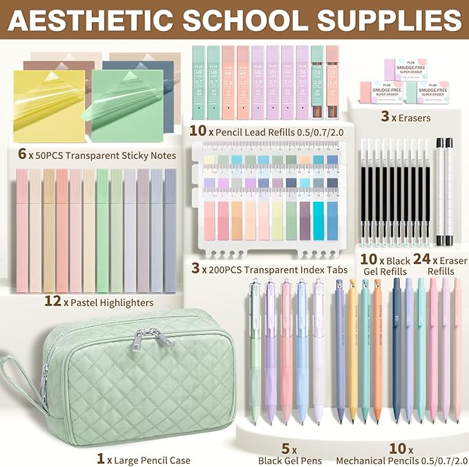 62PCS Aesthetic School Supplies with Cute Pencil Case, Pastel Highlighters Black Ink Gel Pens Mechanical Pencils Kit, Back to School Supplies College Essentials Preppy Stationary Set for Student Girls