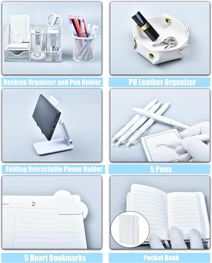 White Desk Accessories, 25Pcs White Office Supplies and Desk Organizers, with Tape Dispenser, Stapler, Staple Remover, Ect, Christmas Gifts