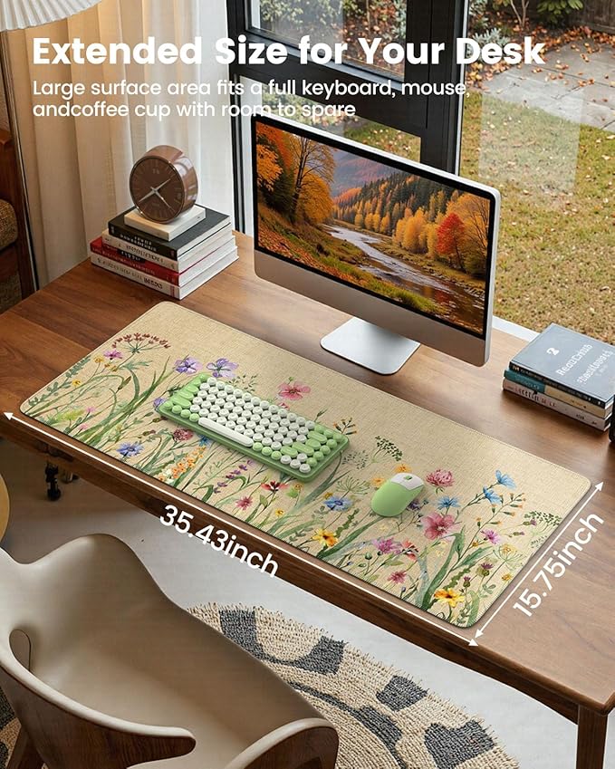 iCasso Desk Cover Mat, Extra Large Floral Mouse Pad, Desk Pad Mat,Office Matt for Desktop Protector, Anti-Slip XXL Big Mousepad with Stitched Edges for Laptop Computer Keyboard(Beige)