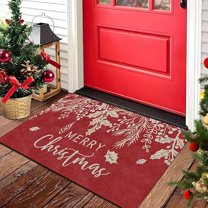 Merry Christmas Mistletoe and Holly Door Mat Front Porch Rugs Doormats Welcome Floor Mats Welcome Rug Outdoor Entry Rug for Home Farmhouse Party Decor, 16" x 24" Inch