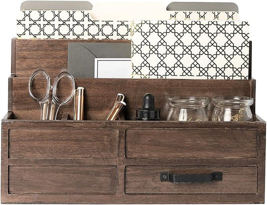 BLU MONACO Brown Wood Mail Organizer with Drawer & Pen Holder – Desk Organizer for Bills, Storage, Countertop & Kitchen