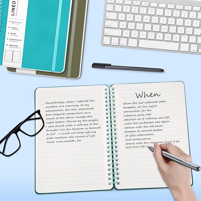 Lined Spiral Journal Notebook, A5 Hardcover Leather Notebook for Work, 5.7''×8.2'', 100GSM Thick Paper Spiral Bound Journaling Notebooks for Women & Men Office School Note Taking Business, Lake Blue