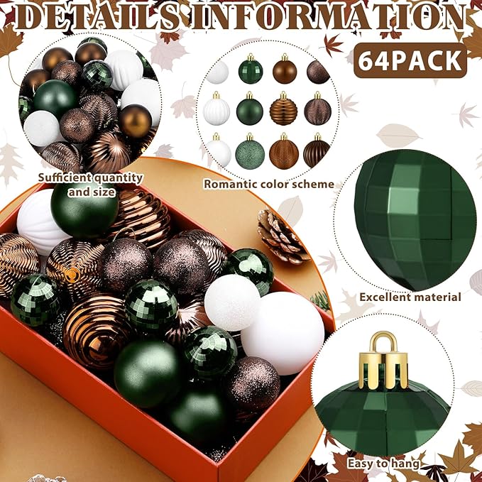 64 Pcs Neutral Christmas Ball Ornaments Brown Green White Xmas Bulbs Ornament 1.6/1.97/2.4 Inch Vintage Xmas Baubles Assorted Size Modern Christmas Decoration for Tree Holiday Indoor Home Decor