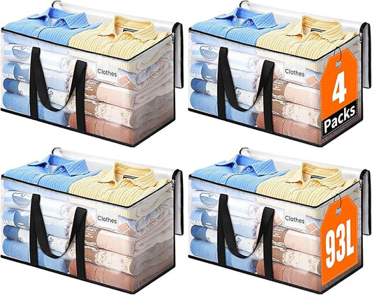 Extra Large Heavy Duty Moving Bags, Storage Bags with Strong Zippers & Handles, Packing Bags for Moving Essentials, Ideal Storage Tote for Home, Dorm & Storage Solutions, 93L, 4 Packs, Clear