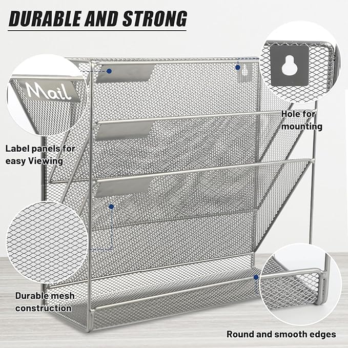 EASEPRES Desk File Organizer Mesh 4-Tier, Hanging Wall Mount Document Organization Stand, Desktop Vertical Mail Paper Folder Holder Rack with Bottom Tray for Office Home Cubicle Countertop, Silver
