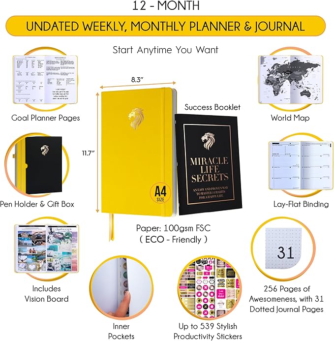 Life Planner - Undated Daily, Weekly & Monthly Planner with Budget Section | A 12 Month Journey to Increase Productivity & Happiness | Life Organizer & Gratitude Journal - Horizontal Format
