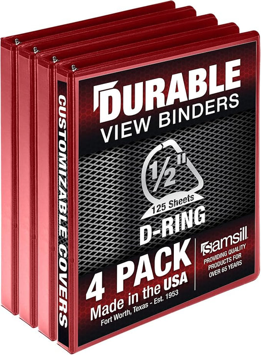 Samsill Durable 0.5 Inch Binder, Made in USA, D Ring Binder, FSC 100% Recycled Chipboard, Red, 4 Pack