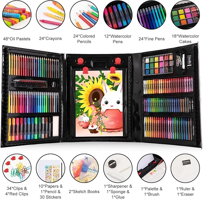 VigorFun Art Supplies, 240-Piece Art Set Crafts Drawing Kits with Double Sided Trifold Easel, Sketch Pads, Crayons, Colored Pencils, Gifts for Kids Girls Boys Teen Ages 4-6-8-9-12 (Black)