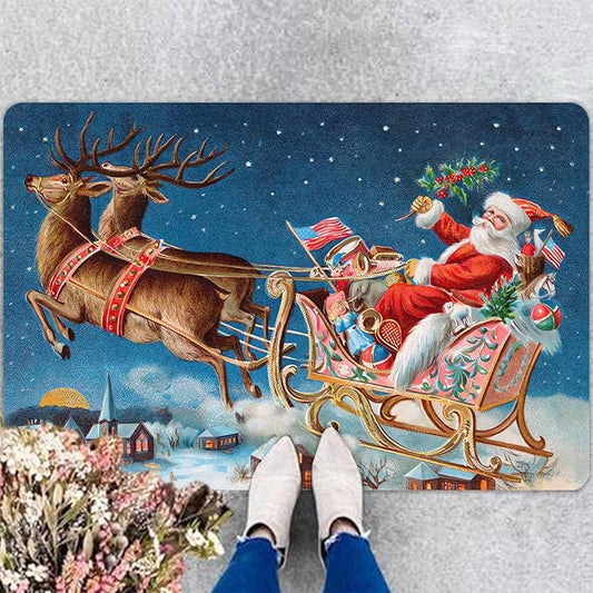 InterestPrint Christmas Reindeer Santa Claus Door Mat Indoor Outdoor, Non-Slip Rubber Christmas Doormat Inside Outside Entrance Welcome Floor Mat for Home Holiday Decor, 16" x 24" Inch