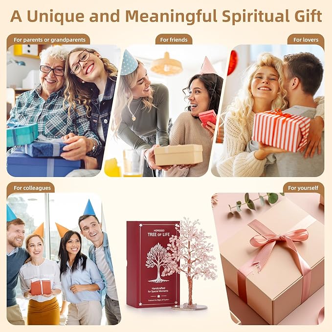 Hopeseed Rose Quartz Chakra Crystal Tree of Life Handmade Bonsai Healing Crystals Tree for Home, Desk, Living Room, Office Decor for Positive Energy, Good Luck Birthday Gift for Women, Mom, Men