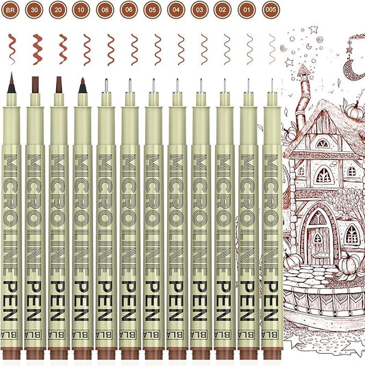 KERIFI Sepia Micro Pen Set, 12 Assorted Sizes Fineliner Ink Art Drawing Pens, Water-Resistant Archival Ink Multiliner Pens for Illustration Technical Sketching Manga Scrapbooking Journaling Zentangle